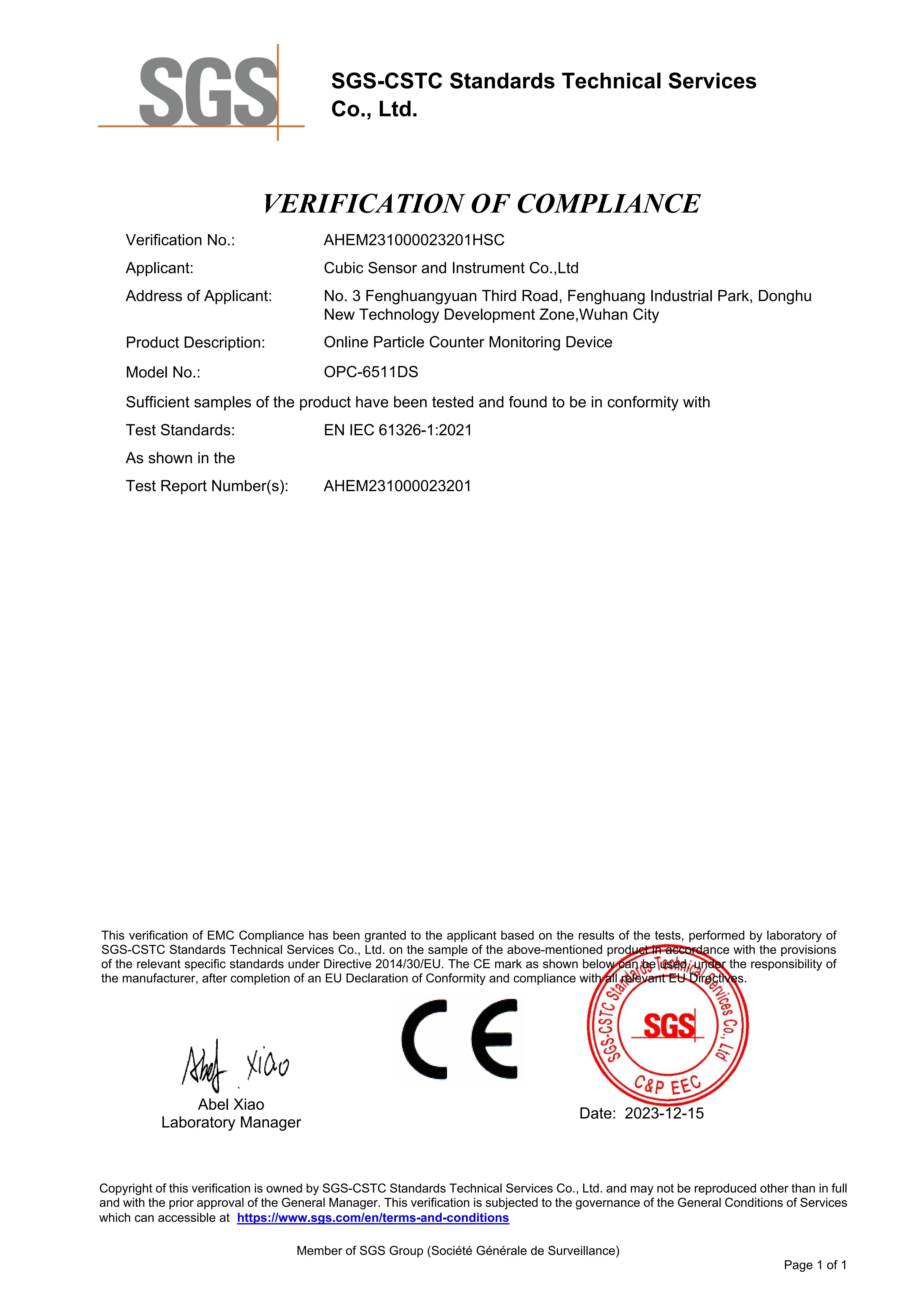 Certificato CE serie OPC-6511DS